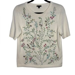 Talbots Cream Short-Sleeve Knit Sweater Top Floral Embroidery Beading Size MP